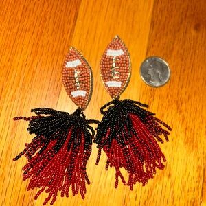 Handcrafted Football Beaded Earrings - Garnet and Black